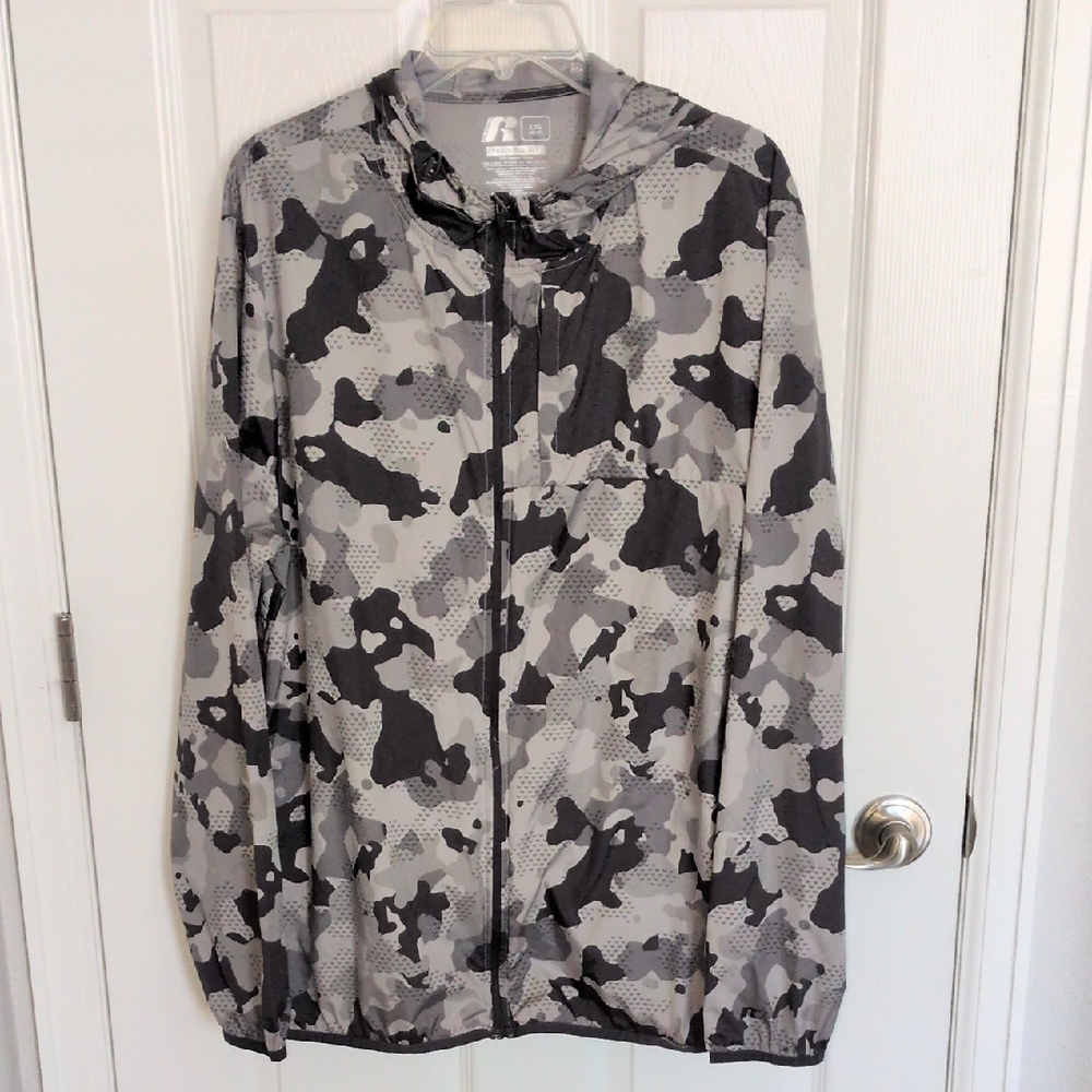 Russell Men's Black & Gray Camouflage Hooded Jacket - L